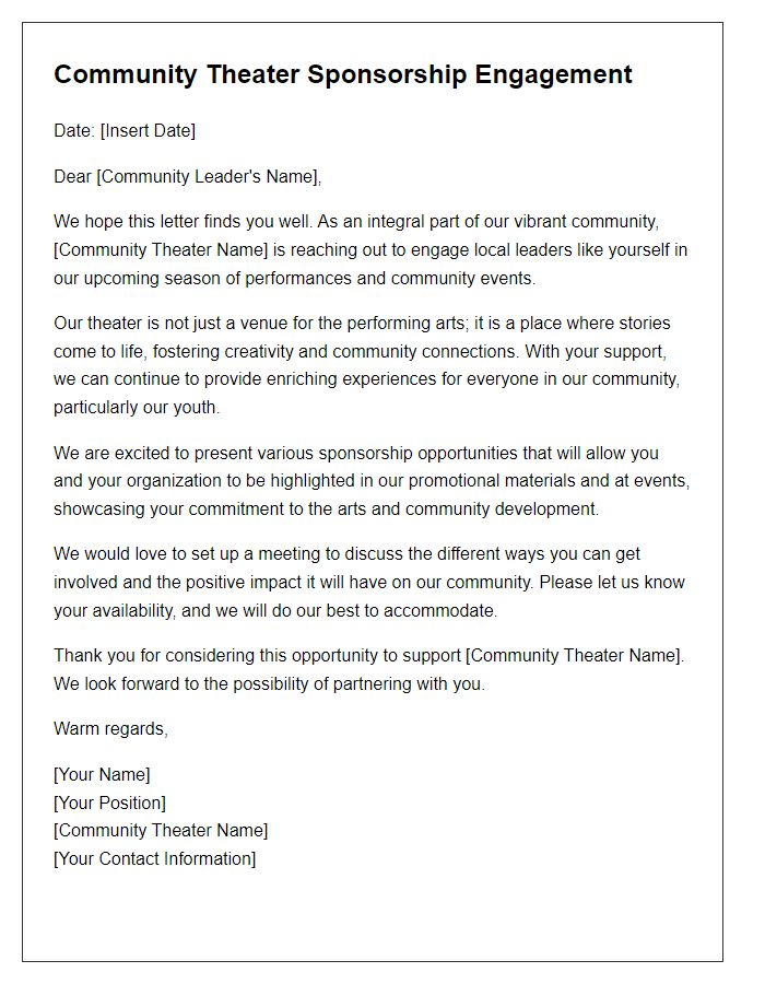 Letter template of community theater sponsorship engagement for community leaders.