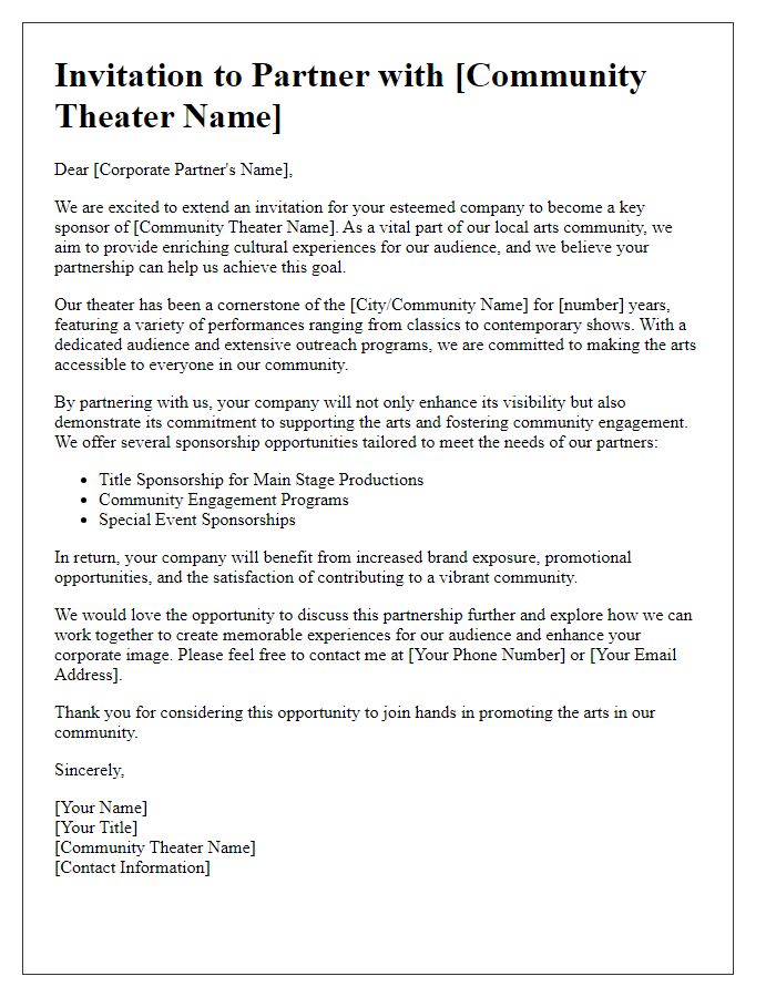 Letter template of community theater sponsorship invitation for corporate partners.