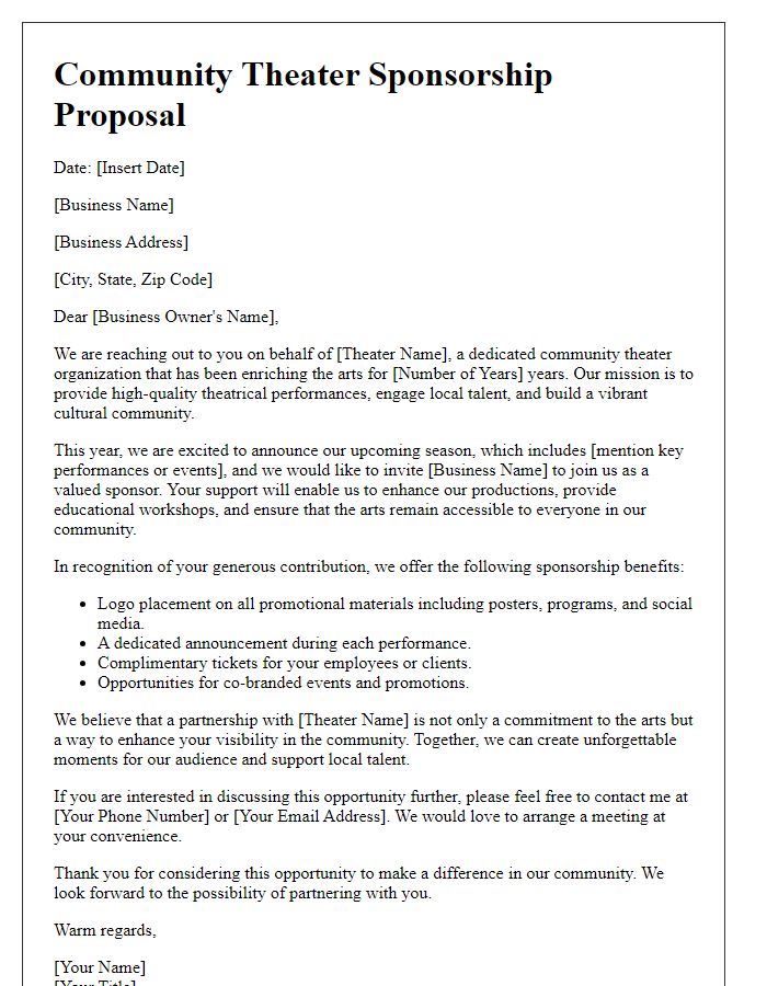 Letter template of community theater sponsorship proposal for local businesses.