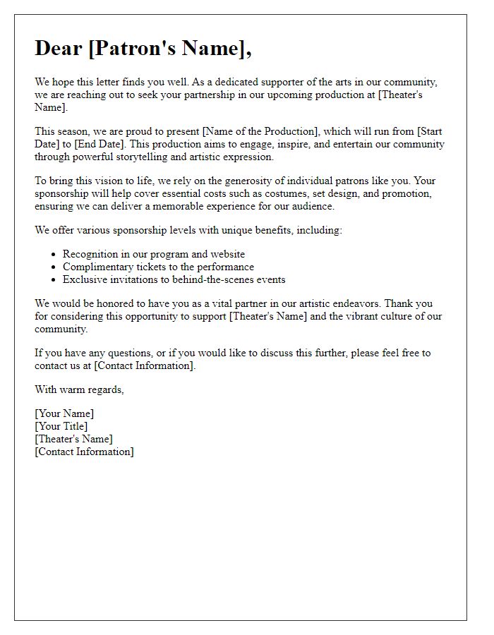 Letter template of community theater sponsorship request for individual patrons.