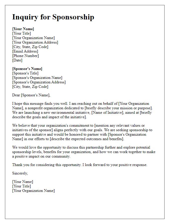 Letter template of inquiry for nonprofit organization sponsorship for environmental initiative