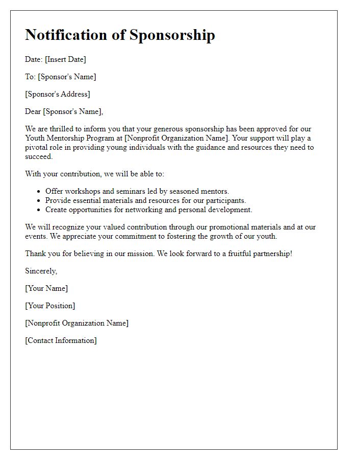 Letter template of notification for nonprofit organization sponsorship for youth mentorship program