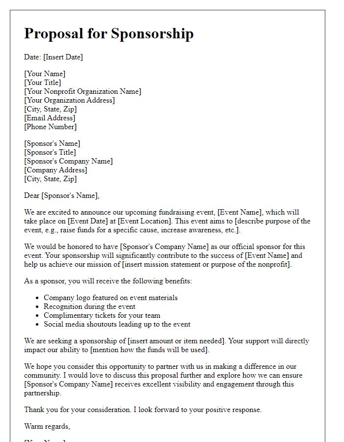 Letter template of proposal for nonprofit organization sponsorship for fundraising event