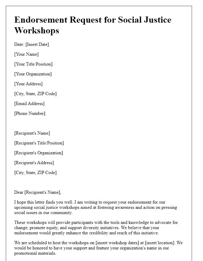 Letter template of endorsement request for social justice workshops.