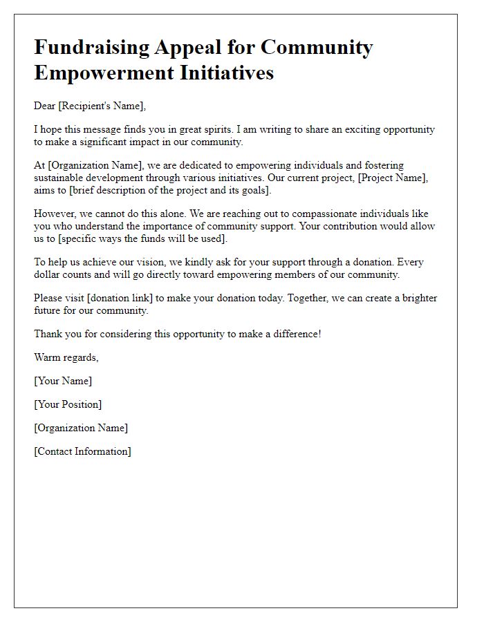 Letter template of fundraising appeal for community empowerment initiatives.