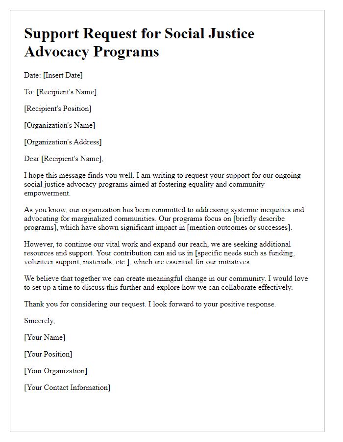 Letter template of support request for social justice advocacy programs.