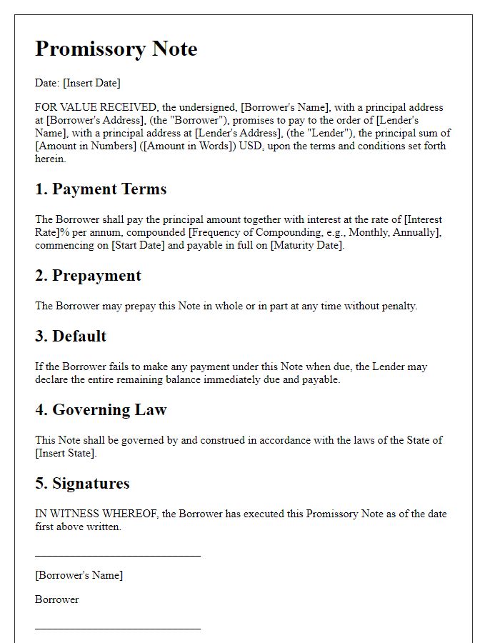 Letter template of enforceable promissory note for business financing.