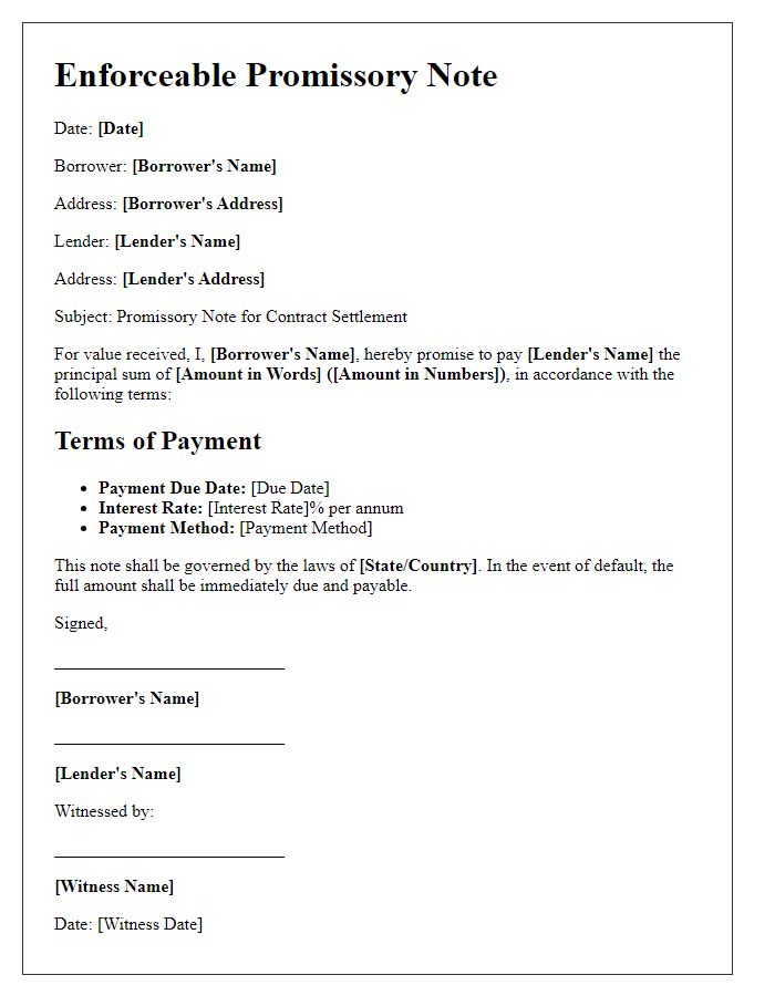 Letter template of enforceable promissory note for contract settlement.