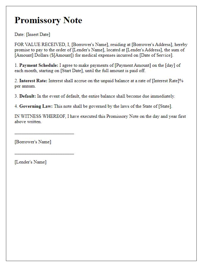 Letter template of enforceable promissory note for medical expenses financing.