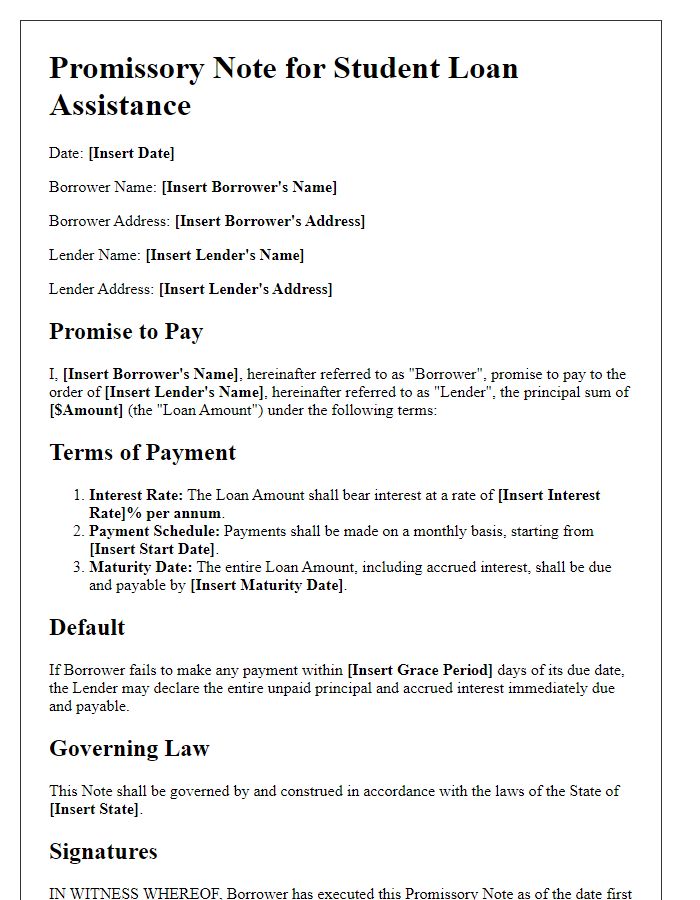 Letter template of enforceable promissory note for student loan assistance.