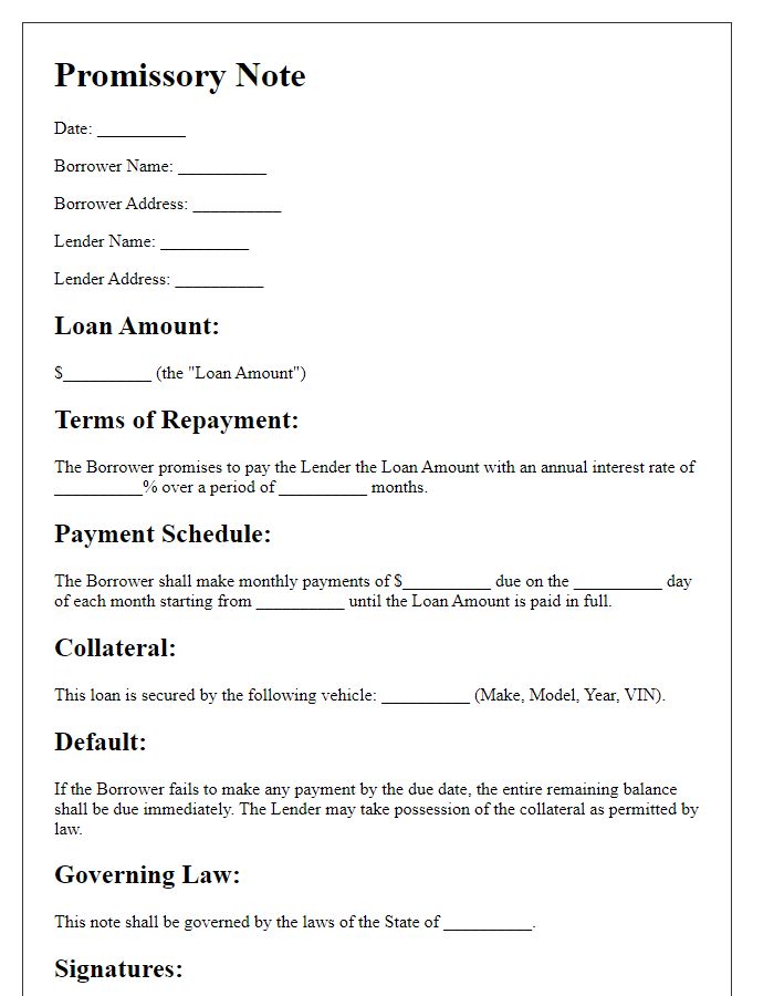 Letter template of enforceable promissory note for vehicle purchase loan.