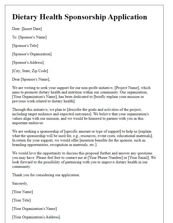 Letter template of dietary health sponsorship application for non-profit initiatives.