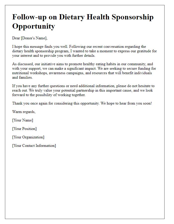 Letter template of dietary health sponsorship follow-up for potential donors.