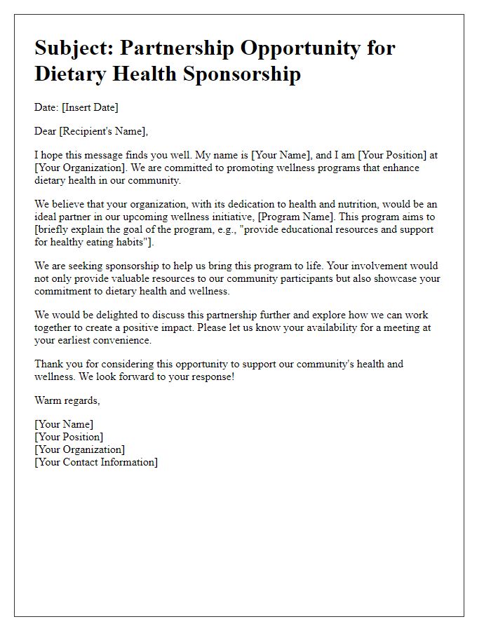 Letter template of dietary health sponsorship outreach for wellness programs.