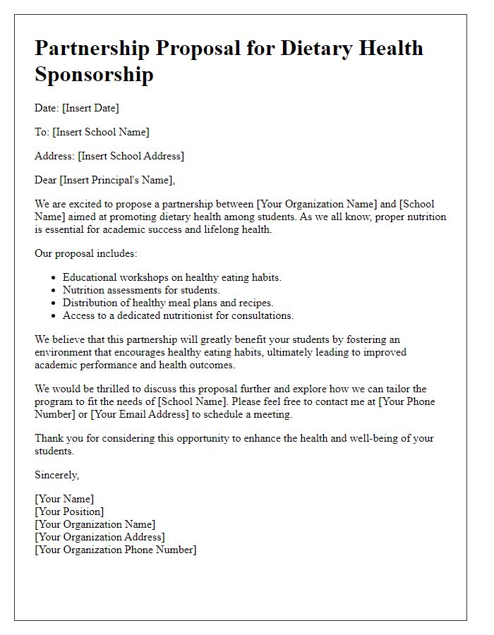 Letter template of dietary health sponsorship partnership for schools.