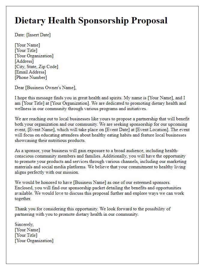 Letter template of dietary health sponsorship proposal for local businesses.