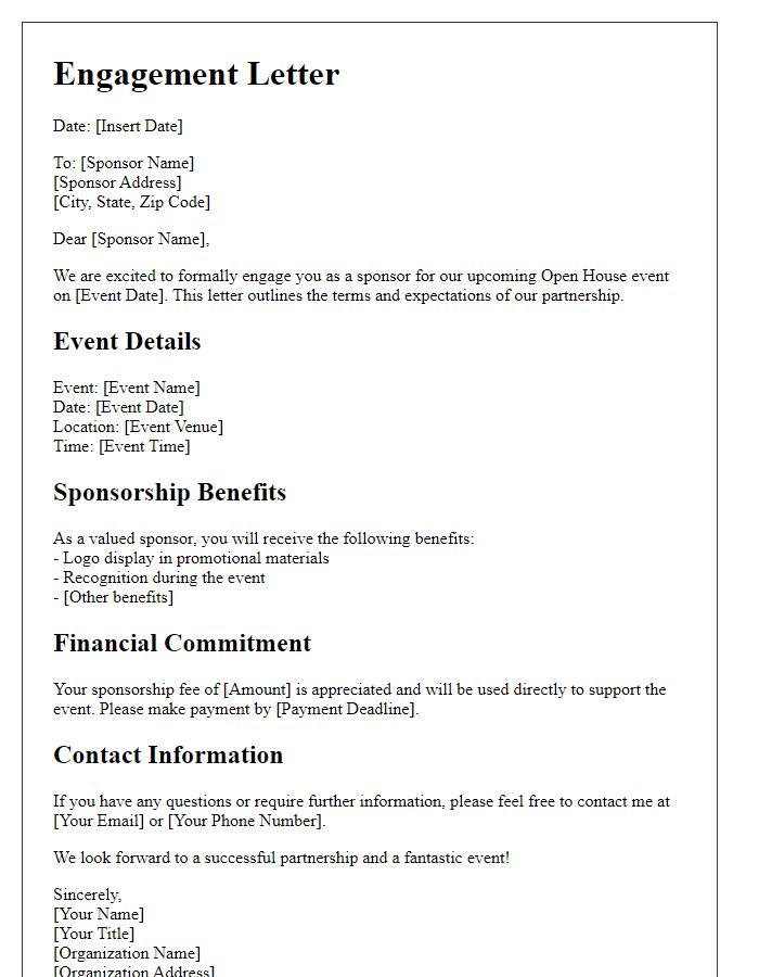 Letter template of engagement letter for open house sponsors.