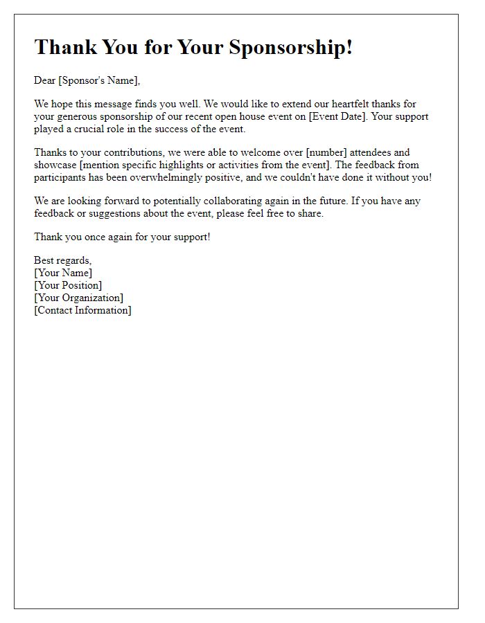 Letter template of open house sponsorship follow-up communication.