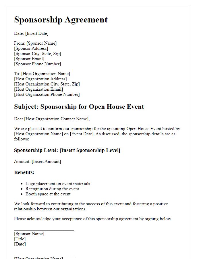 Letter template of sponsorship agreement for open house.