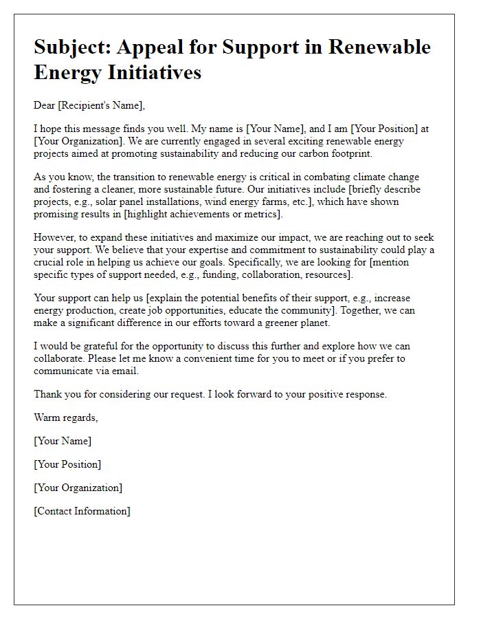 Letter template of appeal for support in renewable energy projects.