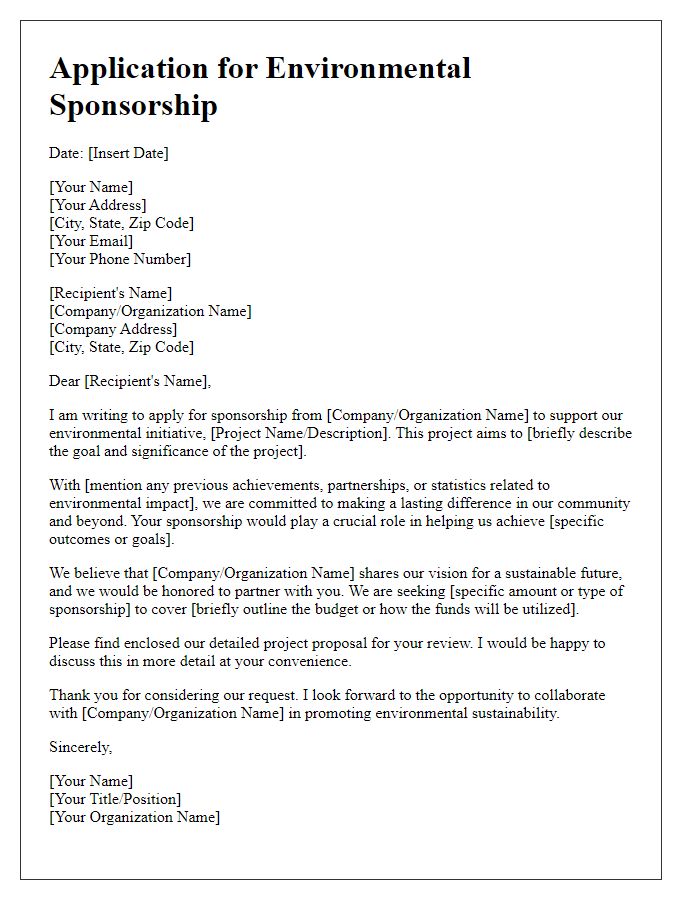 Letter template of application for environmental sponsorship.