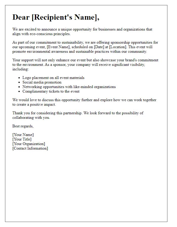 Letter template of notice for eco-conscious sponsorship opportunities.