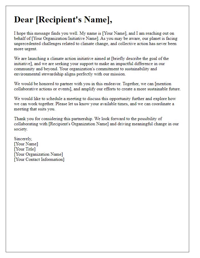 Letter template of outreach for climate action initiative support.