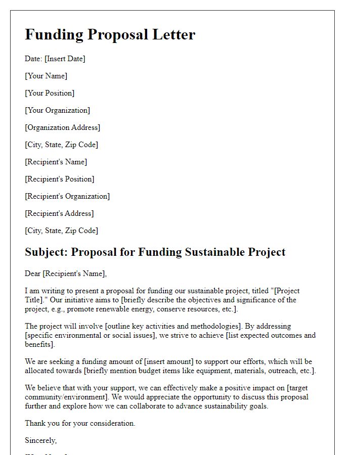 Letter template of proposal for sustainable project funding.