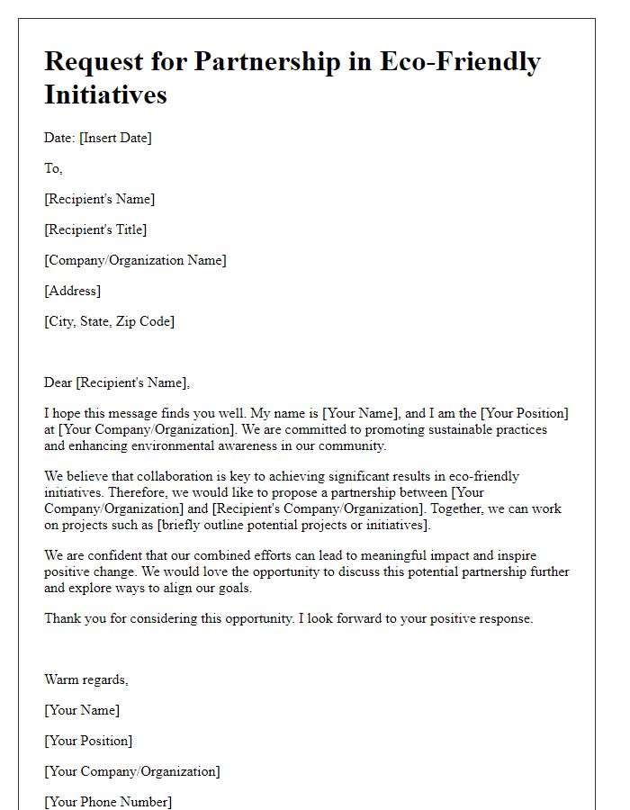 Letter template of request for partnership in eco-friendly initiatives.