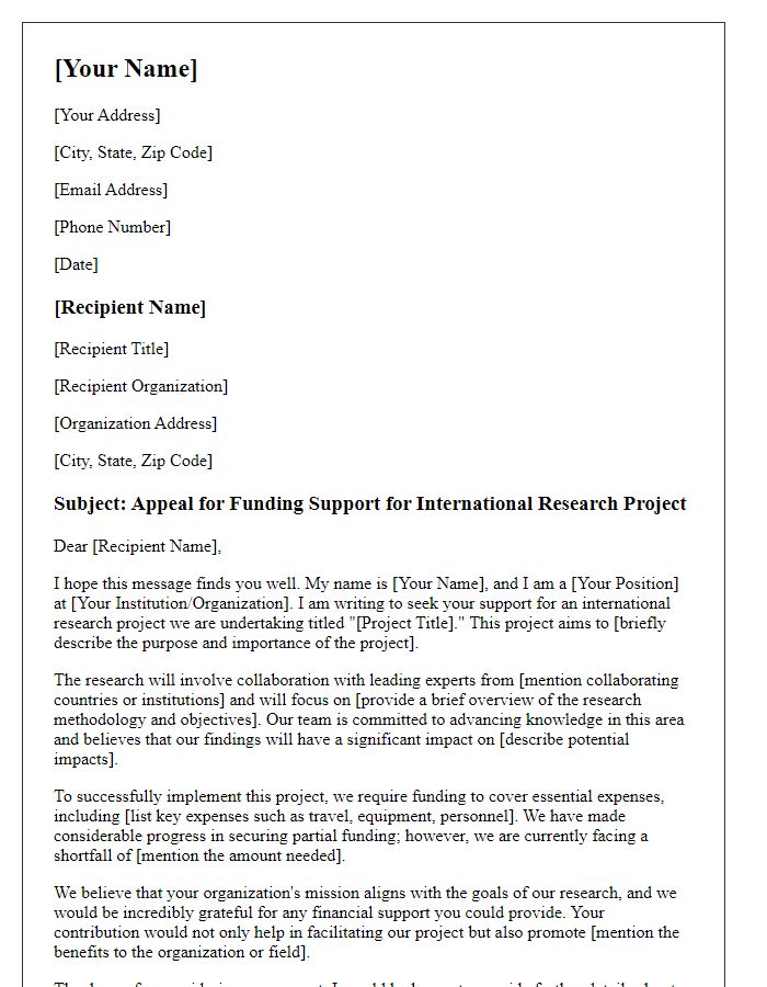 Letter template of appeal for funding support for international research projects.