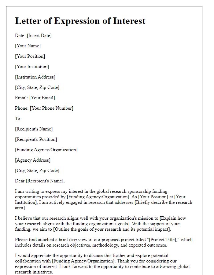 Letter template of expression of interest in global research sponsorship funding.