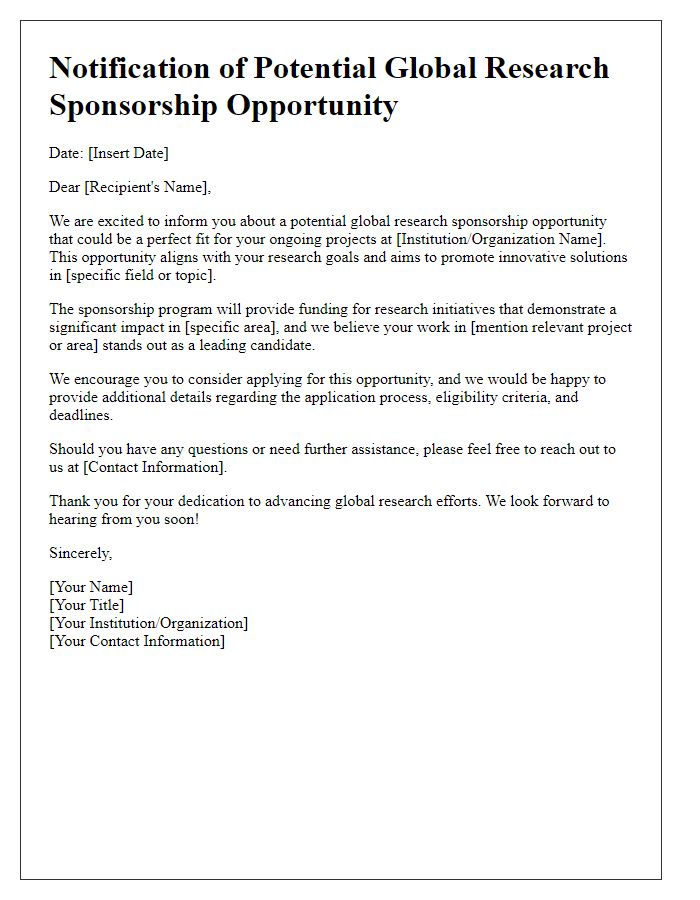 Letter template of notification for potential global research sponsorship opportunities.