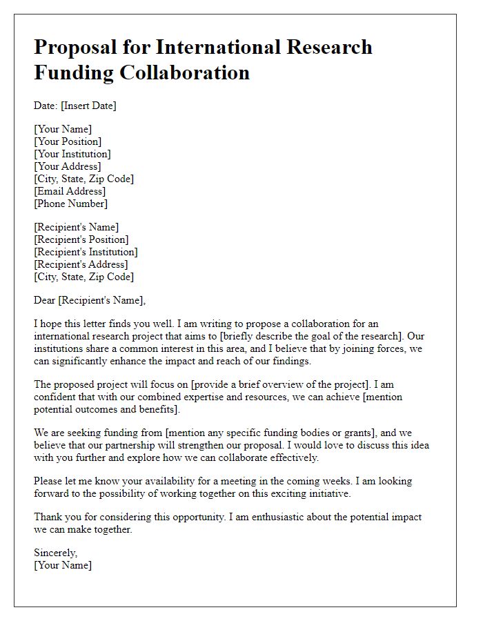 Letter template of proposal for international research funding collaboration.