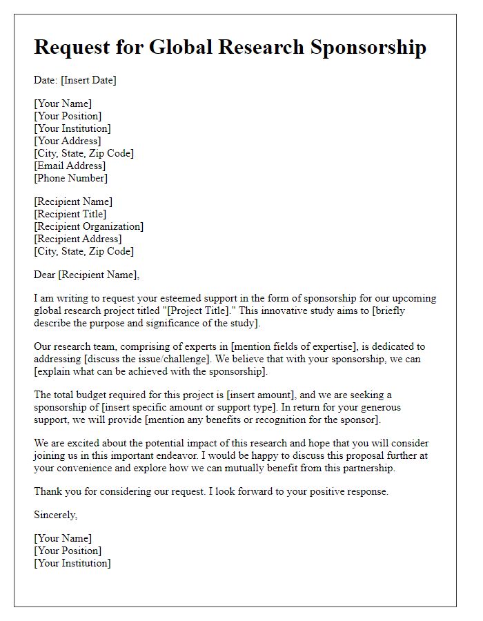 Letter template of request for global research sponsorship for innovative studies.