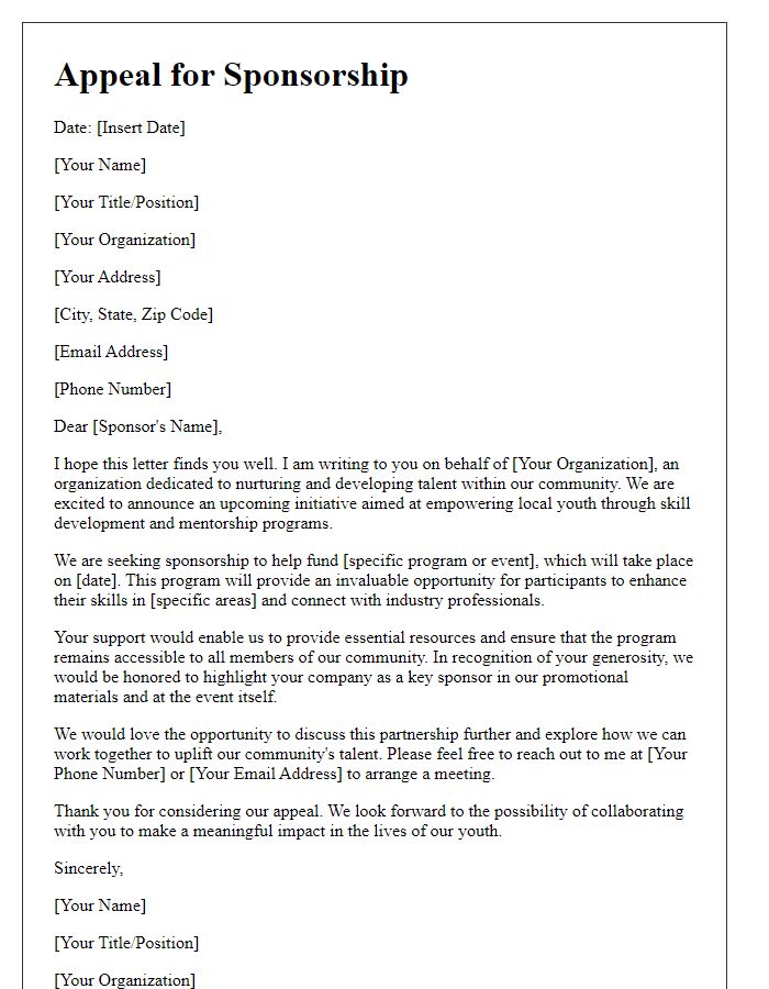 Letter template of appeal for community talent development sponsorship