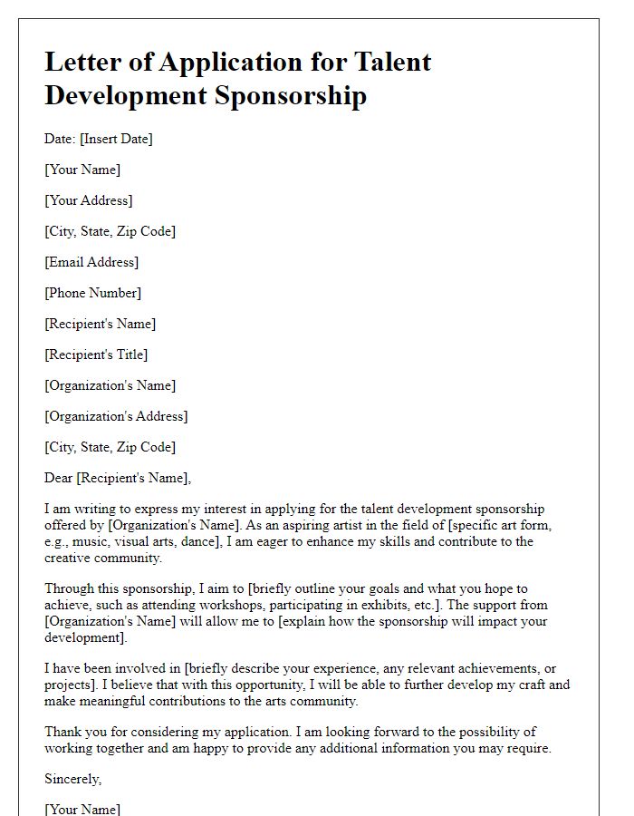 Letter template of application for talent development sponsorship in the arts