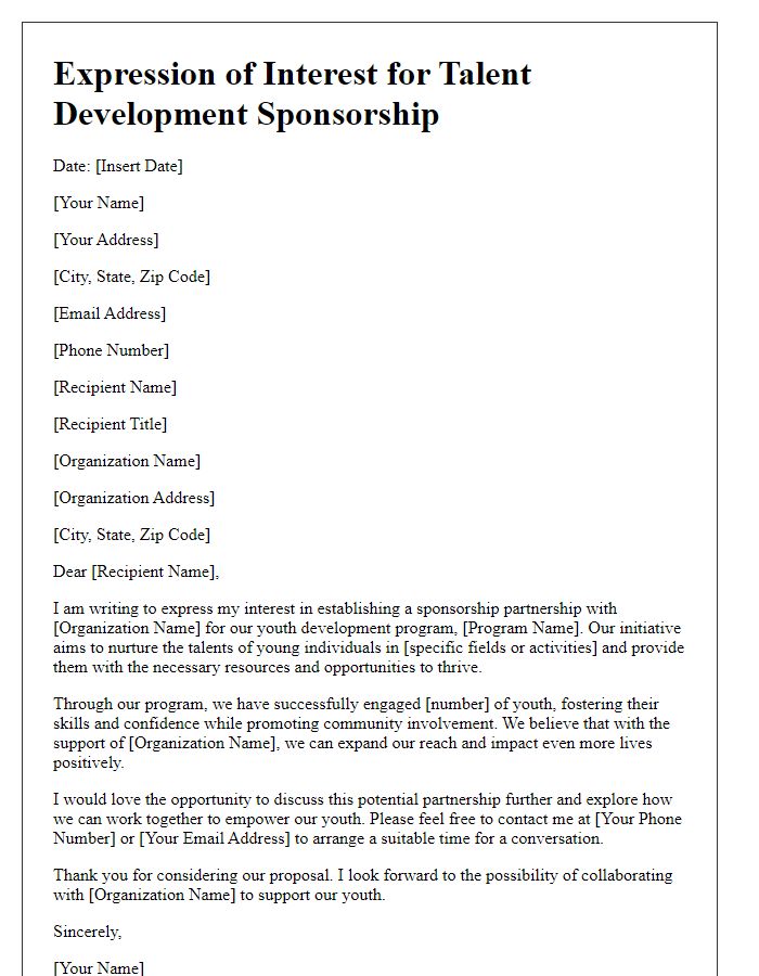 Letter template of expression of interest in talent development sponsorship for youth programs