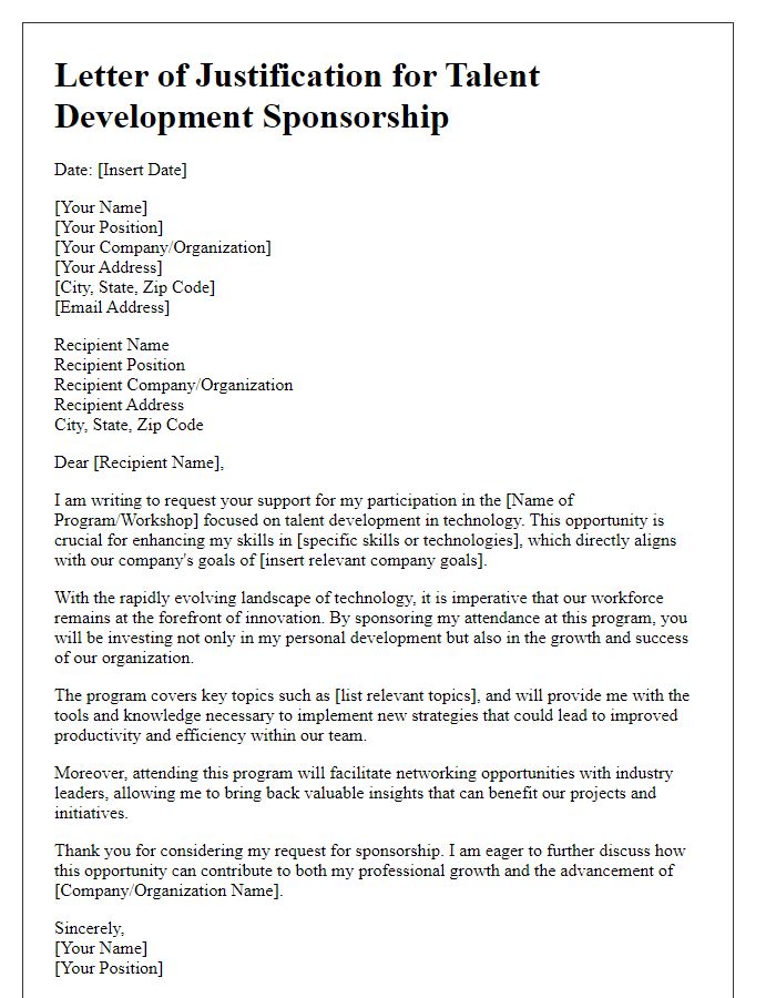 Letter template of justification for talent development sponsorship in technology