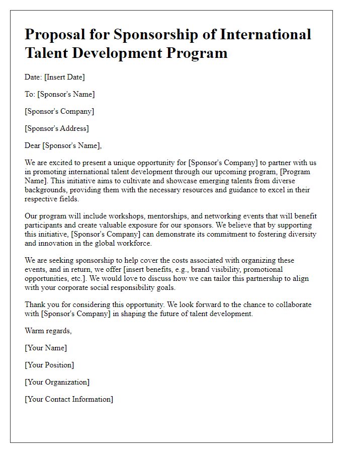 Letter template of pitch for international talent development sponsorship opportunities