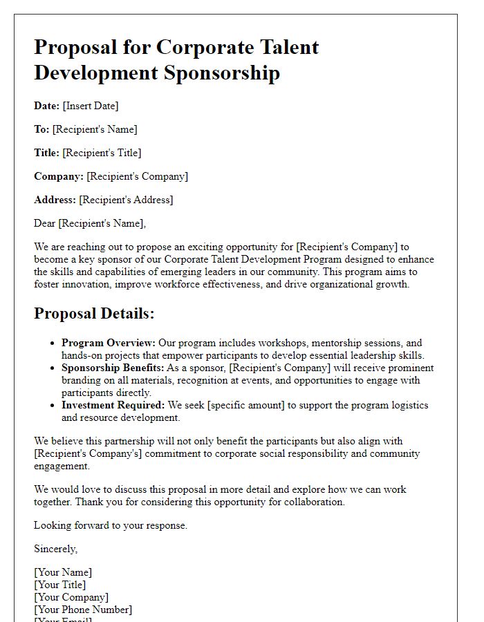 Letter template of proposal for corporate talent development sponsorship