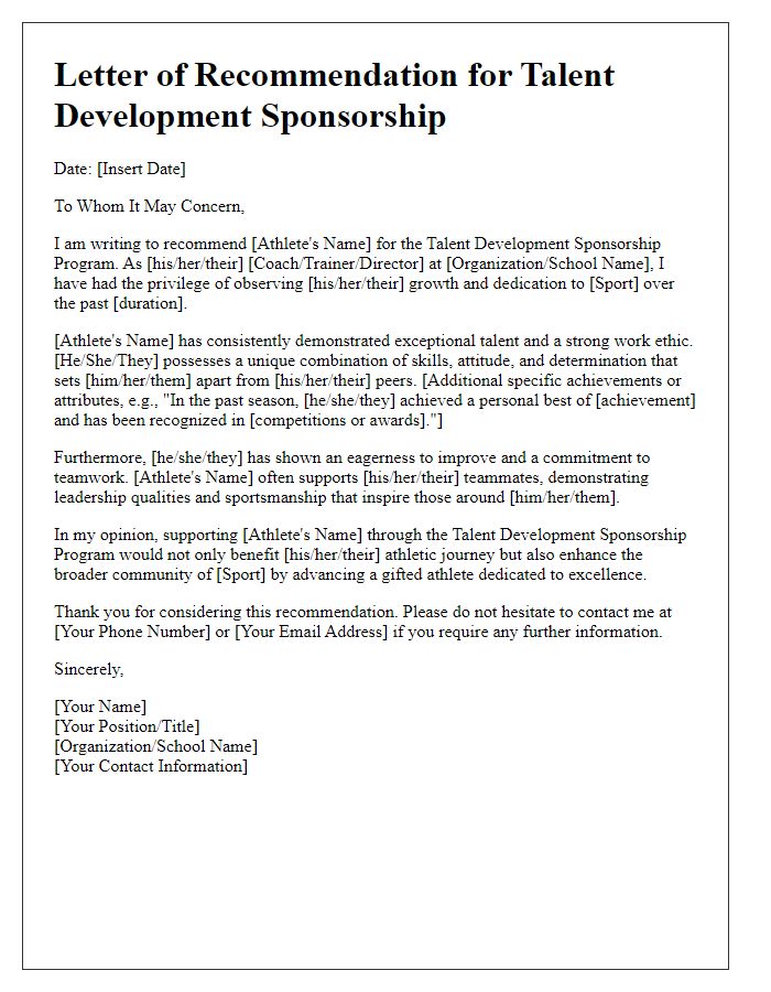 Letter template of recommendation for talent development sponsorship for athletes