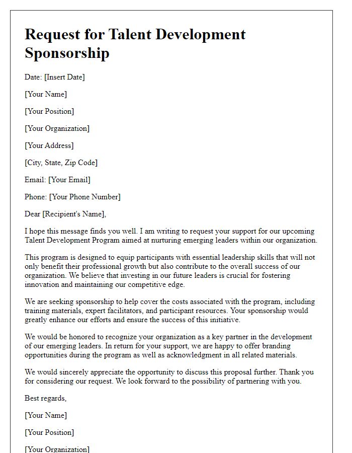 Letter template of request for talent development sponsorship for emerging leaders