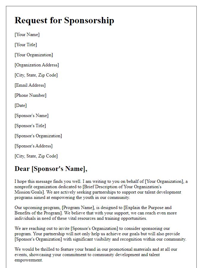 Letter template of solicitation for nonprofit talent development sponsorship