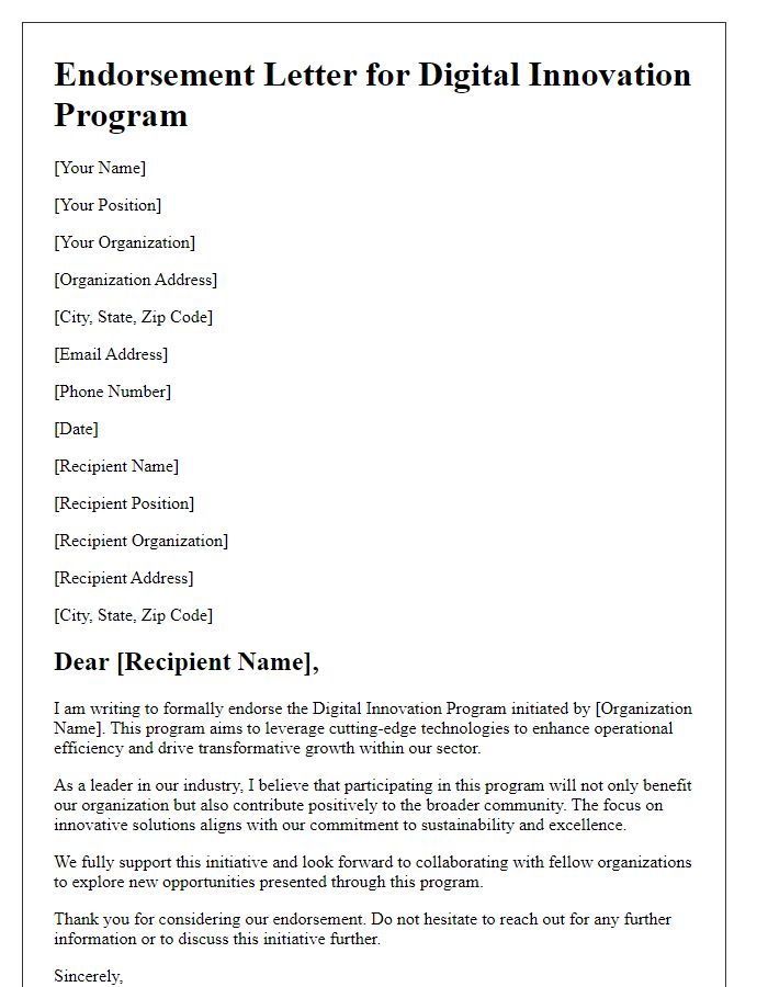 Letter template of digital innovation program endorsement