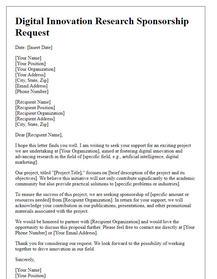 Letter template of digital innovation research sponsorship