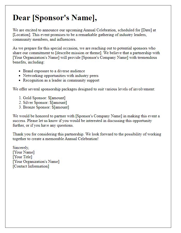 Letter template of annual celebration sponsorship prospectus