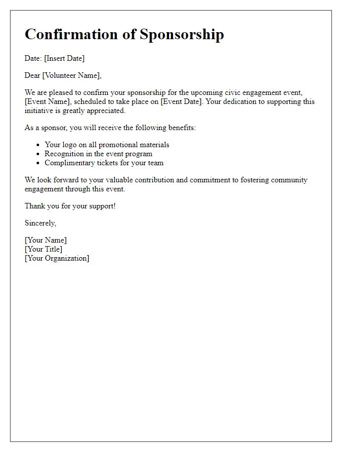 Letter template of civic engagement sponsorship confirmation for volunteer efforts