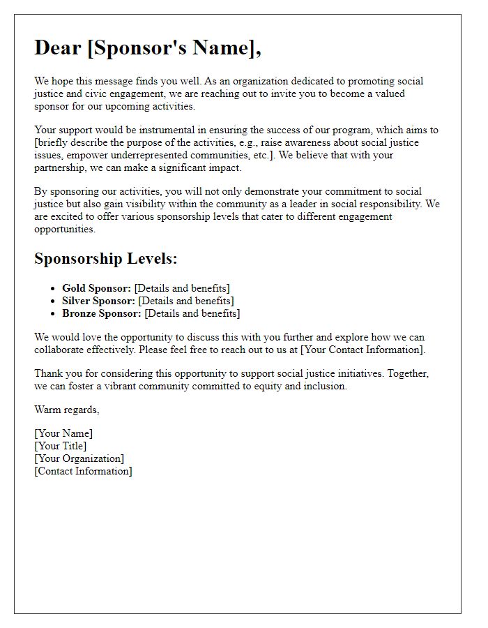 Letter template of civic engagement sponsorship engagement for social justice activities