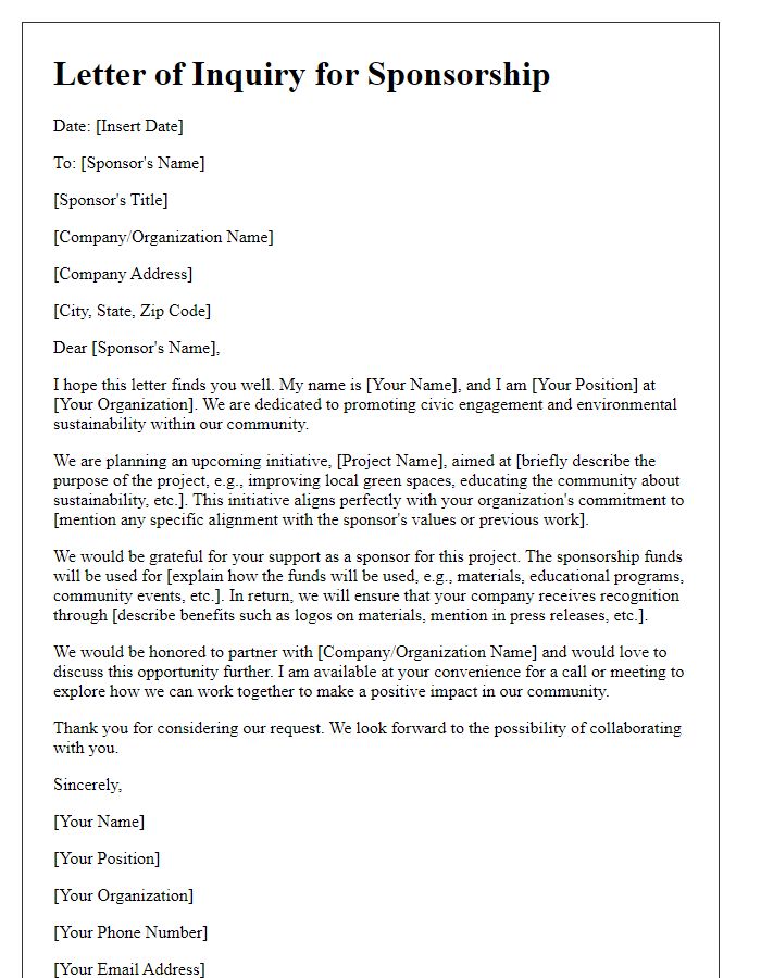 Letter template of civic engagement sponsorship inquiry for environmental programs