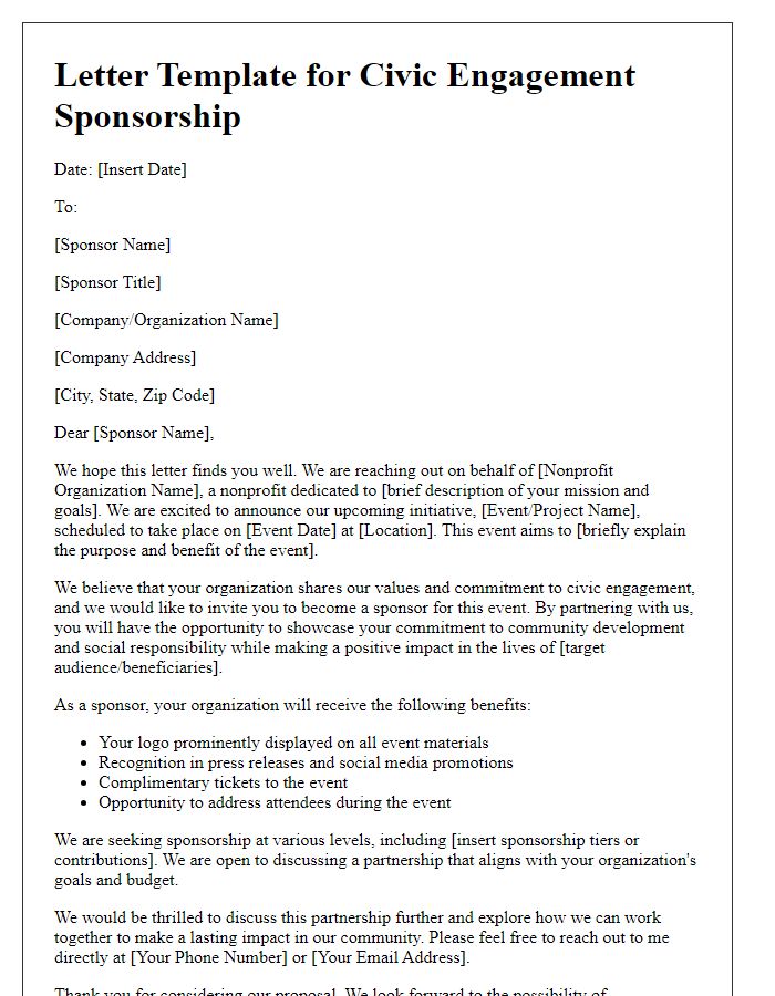 Letter template of civic engagement sponsorship letter for nonprofit partnerships